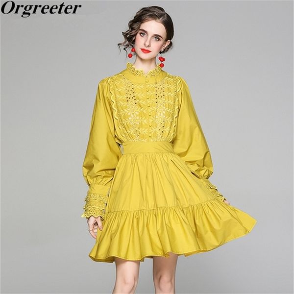 

spring fall fashion hollow out embroidery mini cotton dress women batwing sleeve ruffled collar ruffles trim holiday 210602, Black;gray