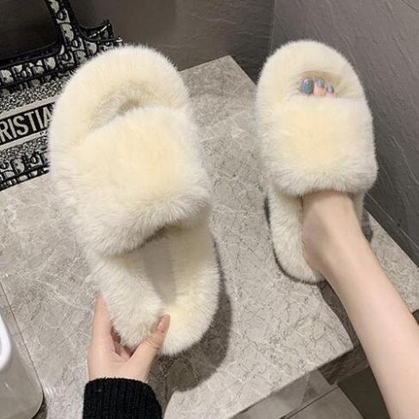 

fluffy home slippers women faux fur cozy furry slides open toe slip on soft house floor plush warm shoes q8, Black