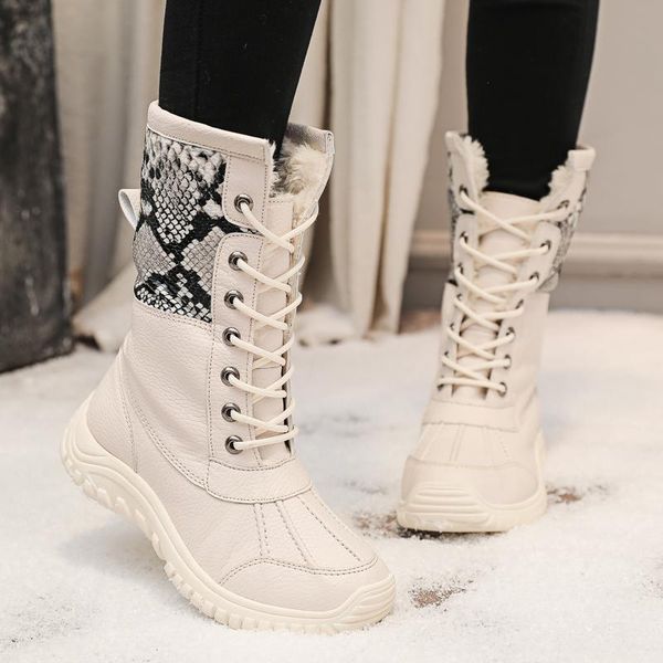 

boots 2021 women's snow snake print high-cotton shoes large size 42 43 mid-calf slip on waterproof winter, Black