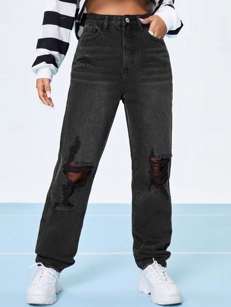 

wash ripped detail straight leg jeans p2mi#, Blue
