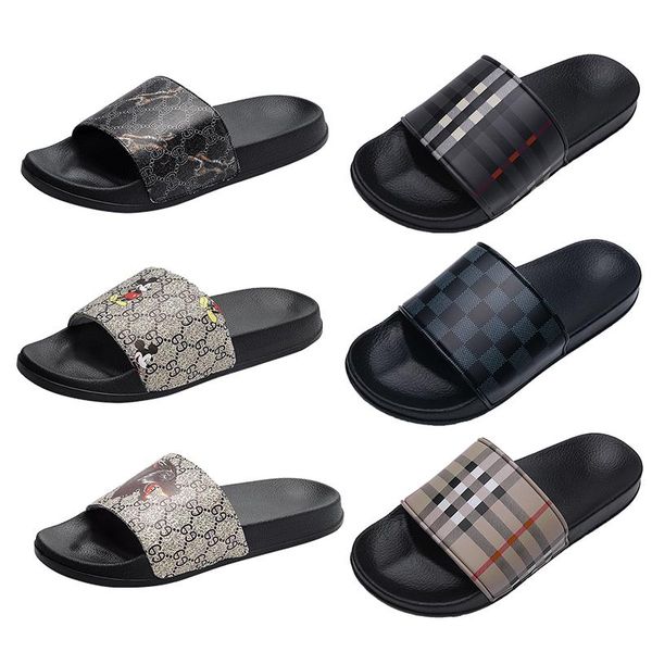 

new rubber slides sandals tiger wolf head men slipper flat bottoms flip flops womens fashion correct cartoon grid beach slippers, Black
