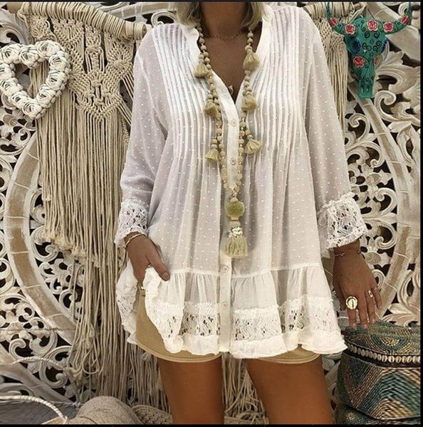 

5xl plus size white lace women blouses summer v neck long sleeve chiffon shirt big sizes loose ladies tunic