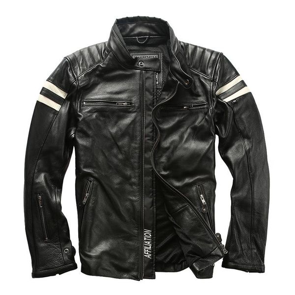 

men's leather & faux 80 cow outwear mens cowhide genuine vintage rider jacket, Black