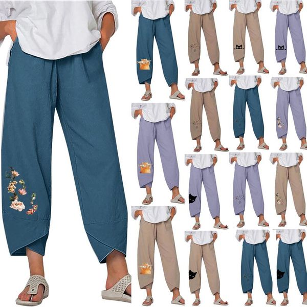 

women's pants & capris s summer 2021 fashion women casual loose cotton linen ladies printed wide-leg pantalon lin femme, Black;white