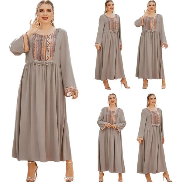 

ethnic clothing dubai muslim women long sleeve dress spring summer o-neck vintage abaya turkish islamic arab tassel maxi robe gown, Red