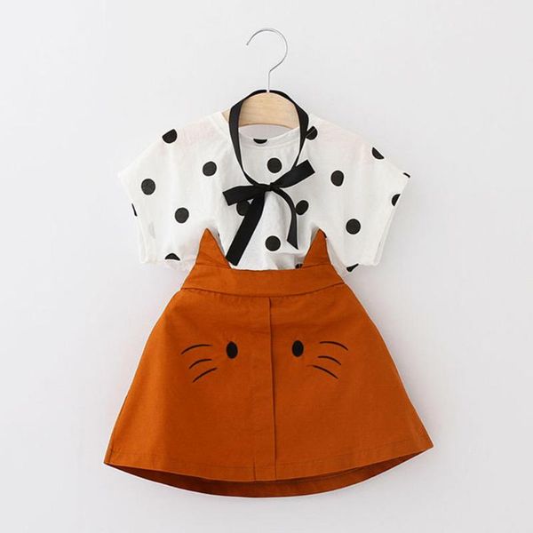 

kids girls sets summer printed toddler kid baby girl outfits clothes dot print t-shirt+cat embroidery skirt set vetement fille clothing, White