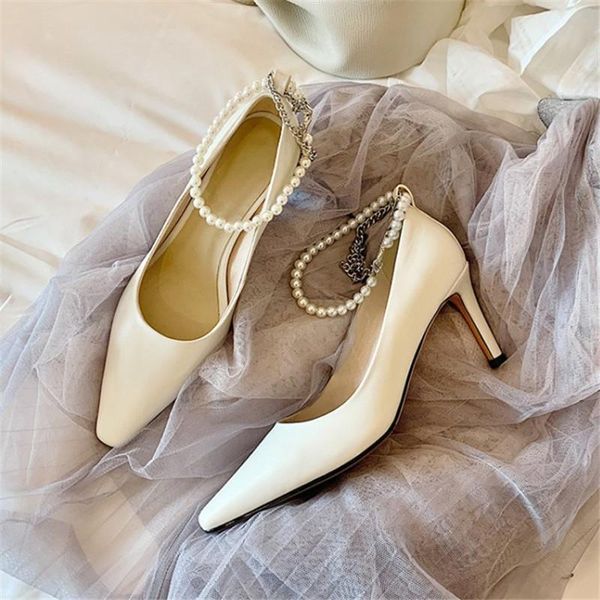 

dress shoes pxelena ins string beads metal chain women party evening wedding genuine leather stiletto high heels pumps lady, Black