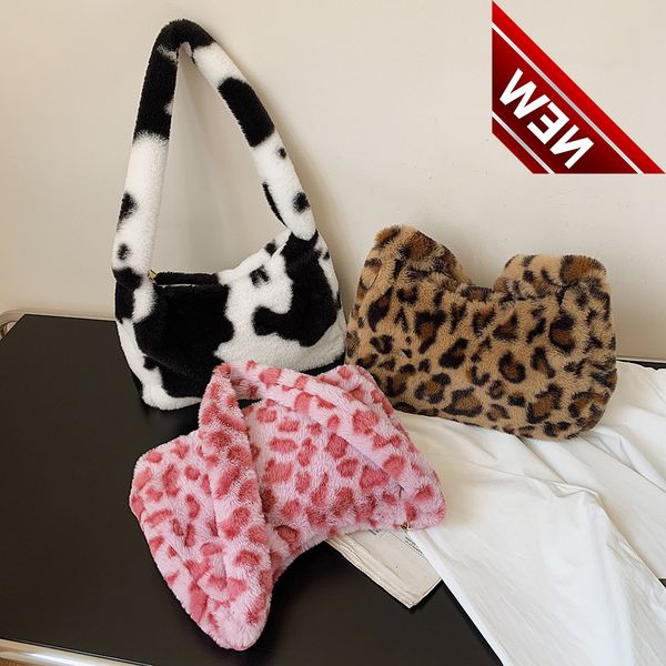 

2022 winter cow print underarm for women soft plush pink leopard small shoulder female warm fluffy tote bags bolsas