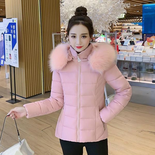 

women's down & parkas 2021 winter women jacket fur collar hooded slim solid basic coat thicken female warm cotton padded outerwear, Black