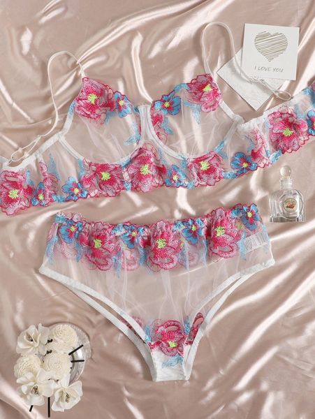 

plus embroidery mesh underwire lingerie set u6gl#, Black;white