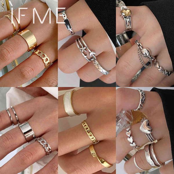

designer rings punk chunky star moon chain set for women girl vintage geometric gold silver color love heart trendy finger jewelry, Golden;silver