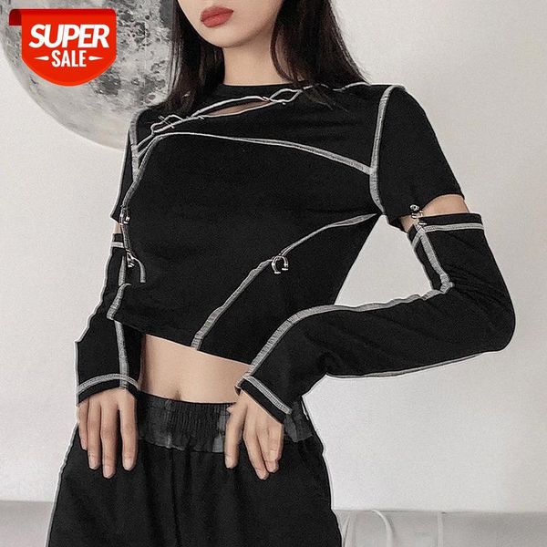 

women's hollow stitching crop solid color reverse trim long sleeve round neck slim chic wild streetwear t-shirt #tw00, White
