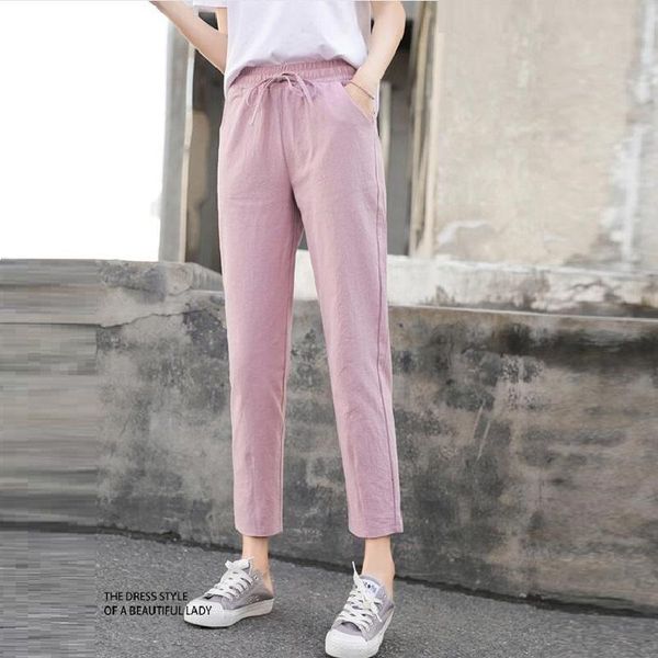 

pockets elastic waist ankle length pants women harem straight cotton linen trousers leisure pantalones mujer cintura alta women's & cap, Black;white