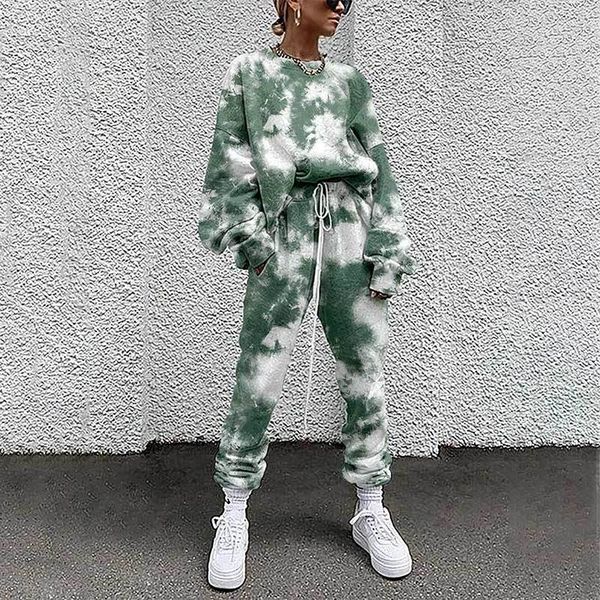 

women's two piece pants tie dye-conjunto de agasalho duas peÃ§as, feminino, cintura alta, com cordÃ£o, manga comprida, casual, outono x3a, White