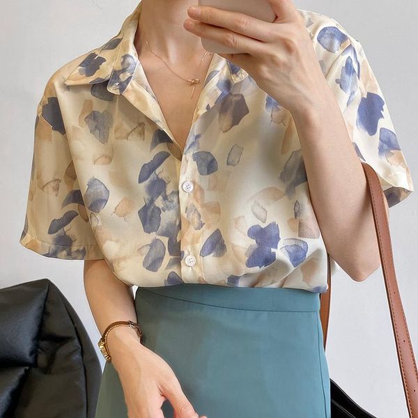 

women's blouses & shirts lucyever vintage print turn-down collar shirt fashion tie dye short sleeve women summer loose bottons 2021, White