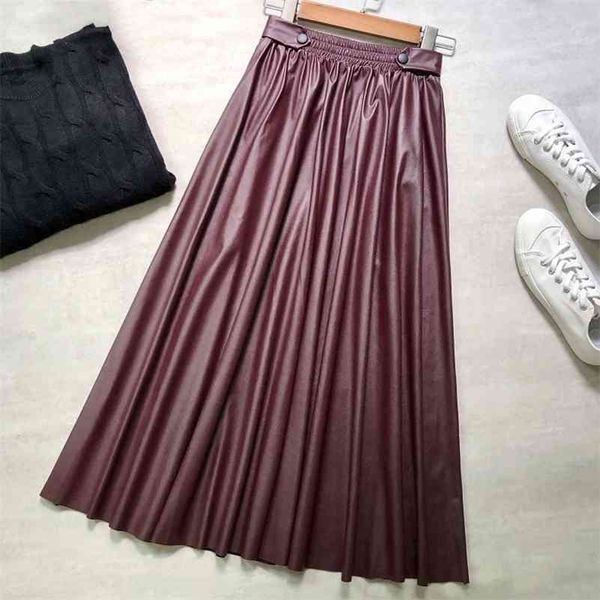 

autumn& winter new women simple solid elastic waist thin pu leather skirt with large a-line long skirt women 210319, Black