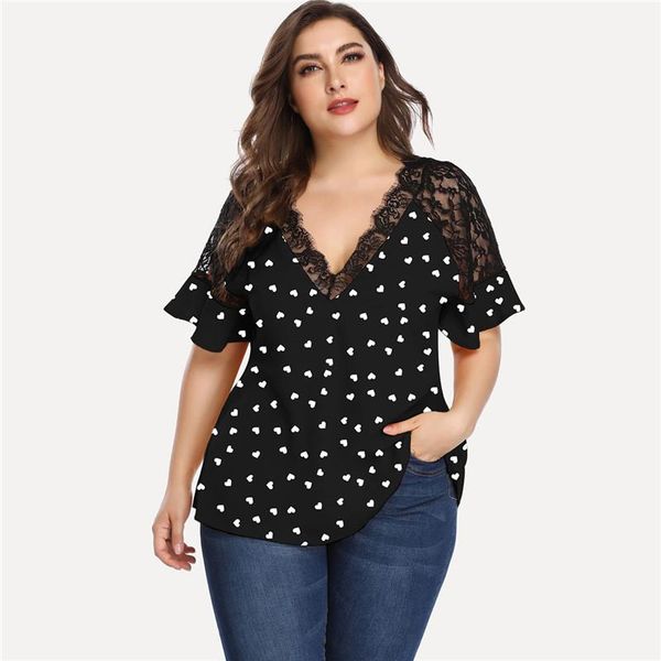 

plus size t-shirt 4xl ladies shirts 2021 summer elegant sweet lace short sleeve print t shirt womens casual loose v-neck women tees, Black
