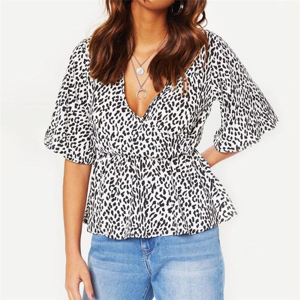 

baharcelin summer blouse flare sleeve casual v neck women chiffon leopard plus size clothing jumper women's blouses & shirts, White