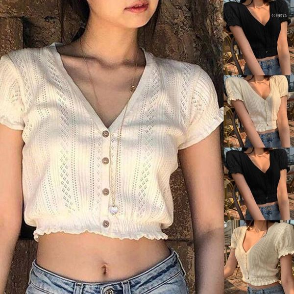 

fashion casual women knitted v-neck short sleeve solid color slim button blouse streetwear clothing#p31, White