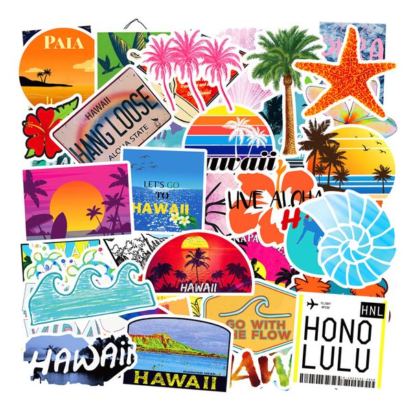 Confezione da 50 pezzi adesivi Hawaii all'ingrosso non duplicati impermeabili per bagagli skateboard notebook casco bottiglia d'acqua telefono decalcomanie per auto regali per bambini