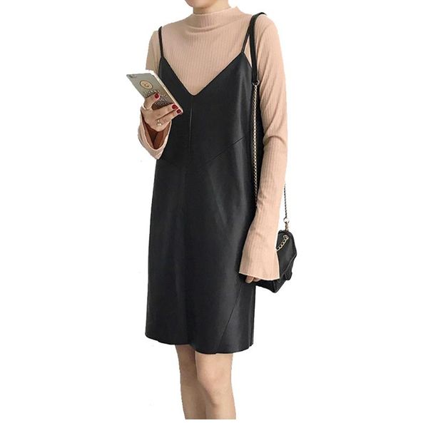 

casual dresses women's leather dress v-neck pu black female over ankle sleeveless shorts vestido fs1247, Black;gray