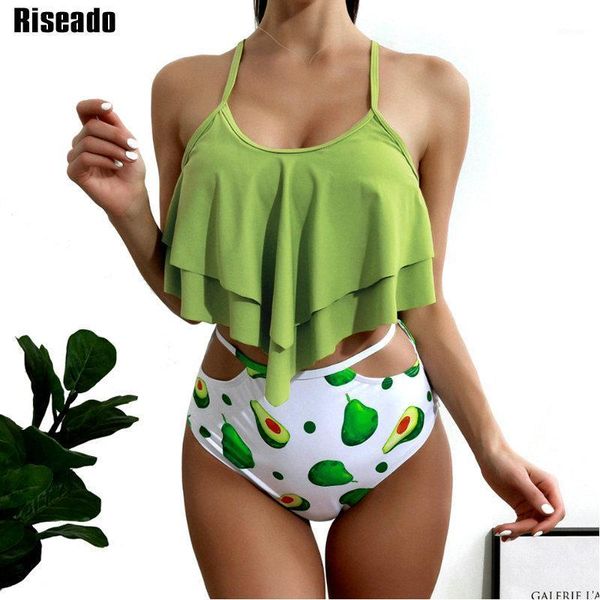 

riseado ruffle bikinis set cut out swimwear women swimsuit high waisted beachwear avocado green bathing suit 2021 summer women's, White;black