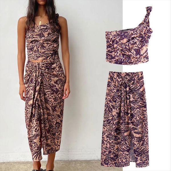 

za fashion two piece set women tracksuits cropped blouse split midi skirt spring autumn casual woman, Gray