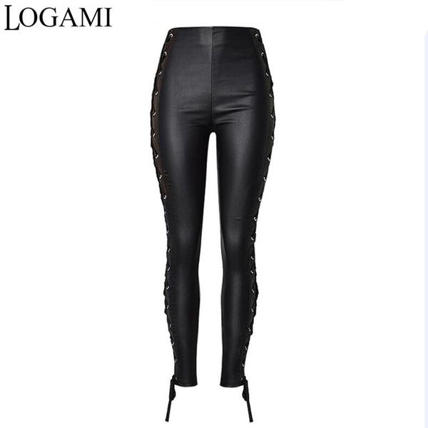 

women's pants & capris logami high waist womens faux leather lace up women skinny pu trousers black, Black;white