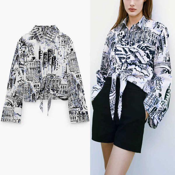 

za tied print shirt women long sleeve asymmetric hem vintage woman chic button up knotted spring blouse 210602, White