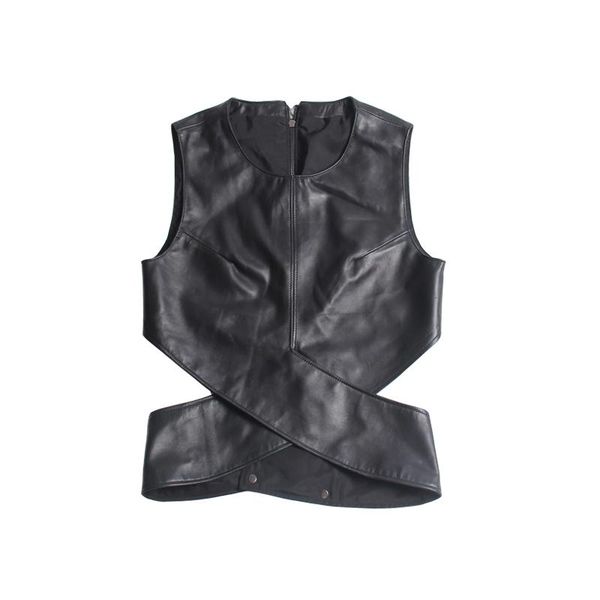 

women's vests lady spring and autumn genuine leather waistcoat natural sheep jacket with slim waist round collar, Black;white