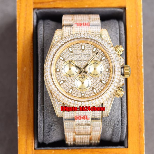 JVS Relógios 40mm Gelado Full Diamante ETA7750 Automático Cronógrafo Mens Relógio Pavé Diamantes Discar 18k Pulseira de Ouro Pulseira Oyster Buckle Gents WristWatches