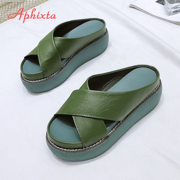 APHIXTA Plataforma Cross Chinelos Mulheres Slides para Mulheres Sapatos 6.5cm Wedge Slippers Moda Verde Flip Flops Beach Shoes K731