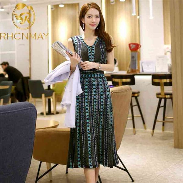 

summer fashion plaid knitted dress women's sleeveless v-neck vest a-line dress office lady elegant long dress 210515, Black;gray
