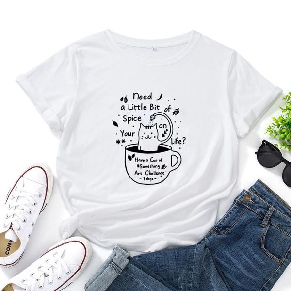 

women's t-shirt need a little bit of spice womens t shirt o-neck short sleeve women casual cute cat letter graphic tees, White