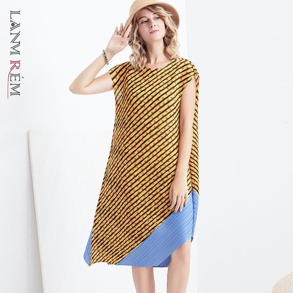 

summer fashion pleated dresses for women hit color striped patchwork irregular wave short sleeve clothes yh926 210507, Black;gray
