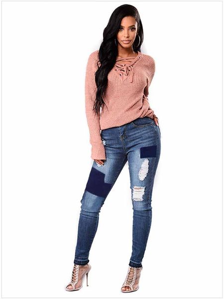 

women's high waisted patch hole small foot long jeans, Blue