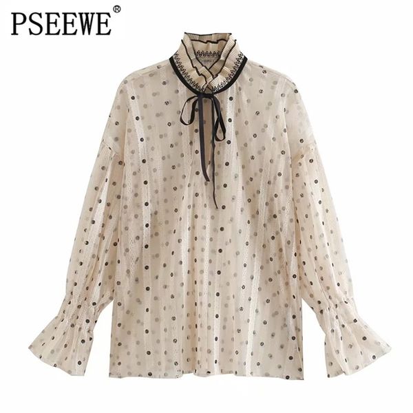 

polka dot semi-sheer lace vintage high collar long sleeves fashion contrast bow tied belt female blouses 210519, White
