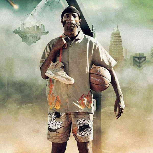 

fashiondemon branded scott co jack travis skull cactus print casual ts shorts capris, Black