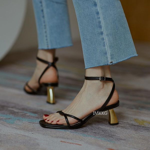 

summer 2021 women shoes retro ankle strap high heel open toe heels black leather ladies party career sandals