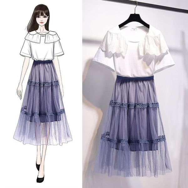 

two piece dress 2021 summer women sets lace patchwork t-shirt & mesh pleated skirt high street fashion, White