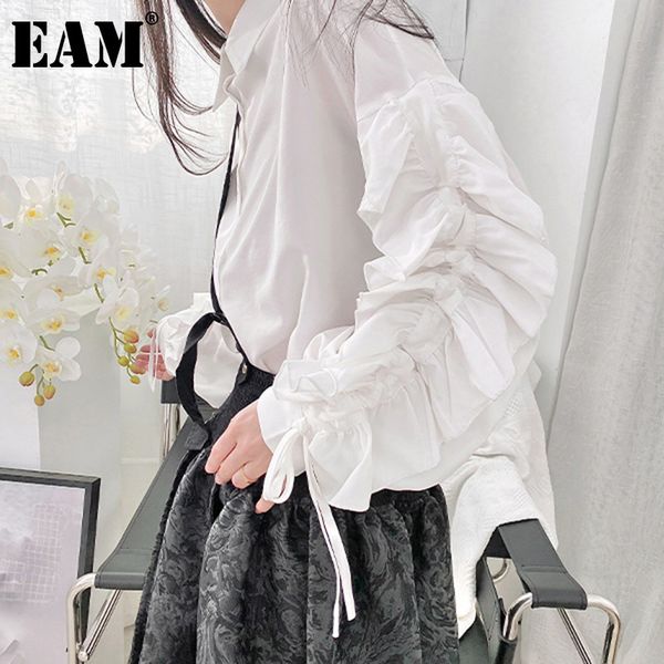 

[eam] women black big size ruffles pleated blouse lapel long sleeve loose fit shirt fashion spring summer 1dd8305 210512, White