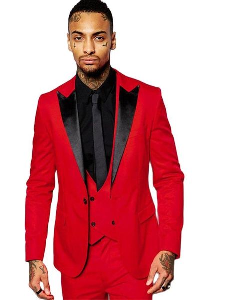 Erkek Takım Elbise Blazers 2022 Moda Kırmızı Erkekler Siyah Zirve Yaka 3 adet Smokin Suit Custom Made Slim Fit Sağdıç Giyim (Ceket + Pantolon + Yelek)