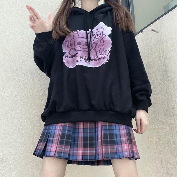 

women's hoodies & sweatshirts korean preppy style hoodie autumn dark horror cartoon print sweatshirt ins harajuku sweet and cute punk, Black