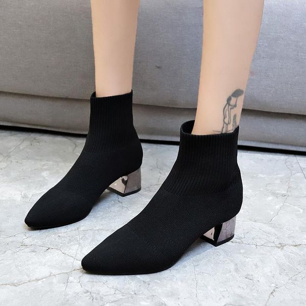 

boots korean black high heel fashion thick autumn 2021 women's elastic socks short