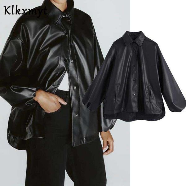 

klkxmyt za jacket women fashion faux leather short coat vintage long sleeve side pocketsfemale outerwear chic 210527, Black;brown