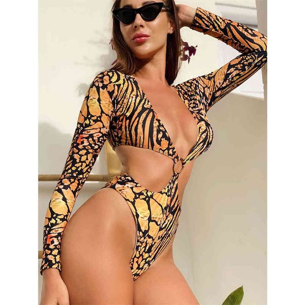 

print deep v women long sleeve swimsuit hollow out swimwear thong bathing suits beach wearin