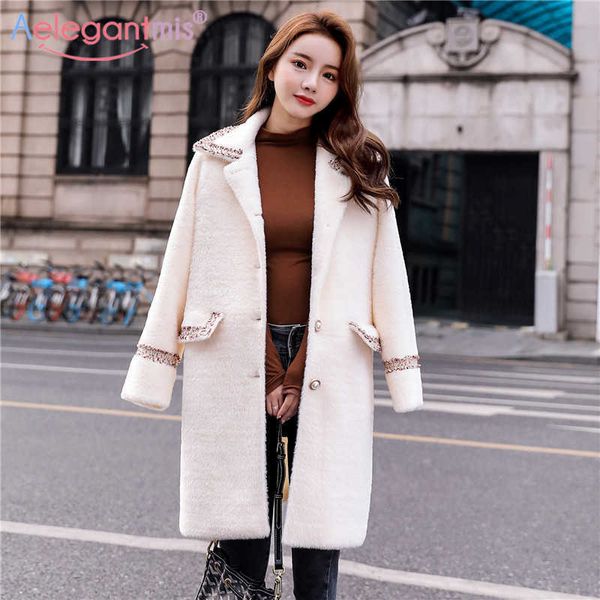 

aelegantmis design women faux fur coat long trench autumn winter casual outerwear female furry teddy white 210607, Tan;black