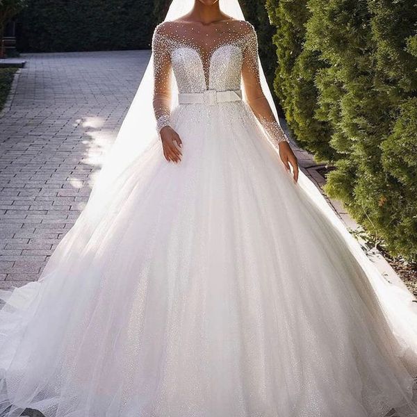 Eleganti abiti da sposa principessa con perline a maniche lunghe in chiesa, abito da sposa, bottoni sul retro, vestido de novia