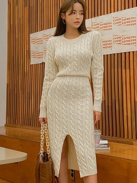 

casual dresses autumn winter knitted sweater dress women midi loose long sleeve chic korean knit twist pattern vestidos robe femme, Black;gray