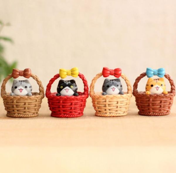 Decorações de jardim gato em Bowknot Bambu Cesta de Resina Boneca Brinquedo Musgo Terrário Ornaments Micro Paisagem Acessórios DIY Miniatura SN2894